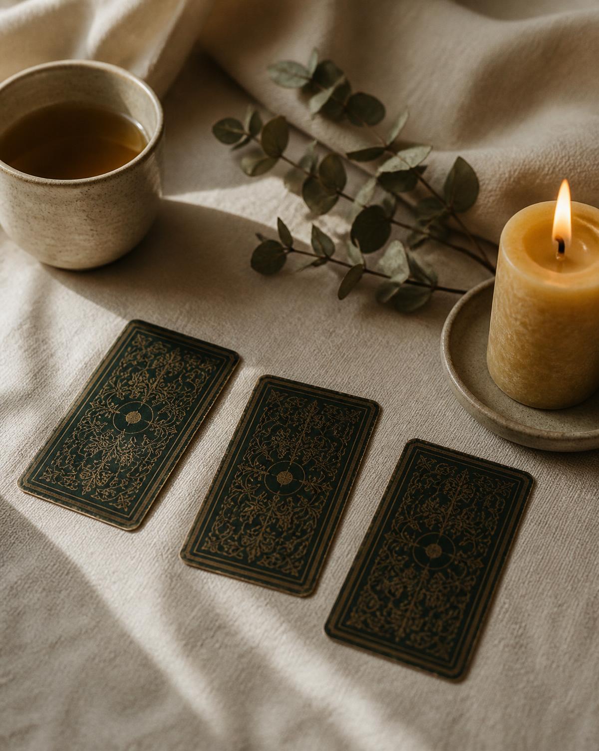 Three tarot cards laid out on warm linen beside a candle and cup of tea